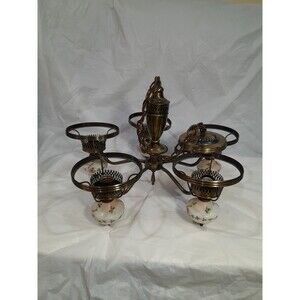 Vintage Chandelier, Brass And Hurricane Lamp Floral Detail 1940s